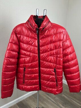 Kenneth Cole New York Mens L Red Shiny Quilted Puffer Jacket Zip Hooded
